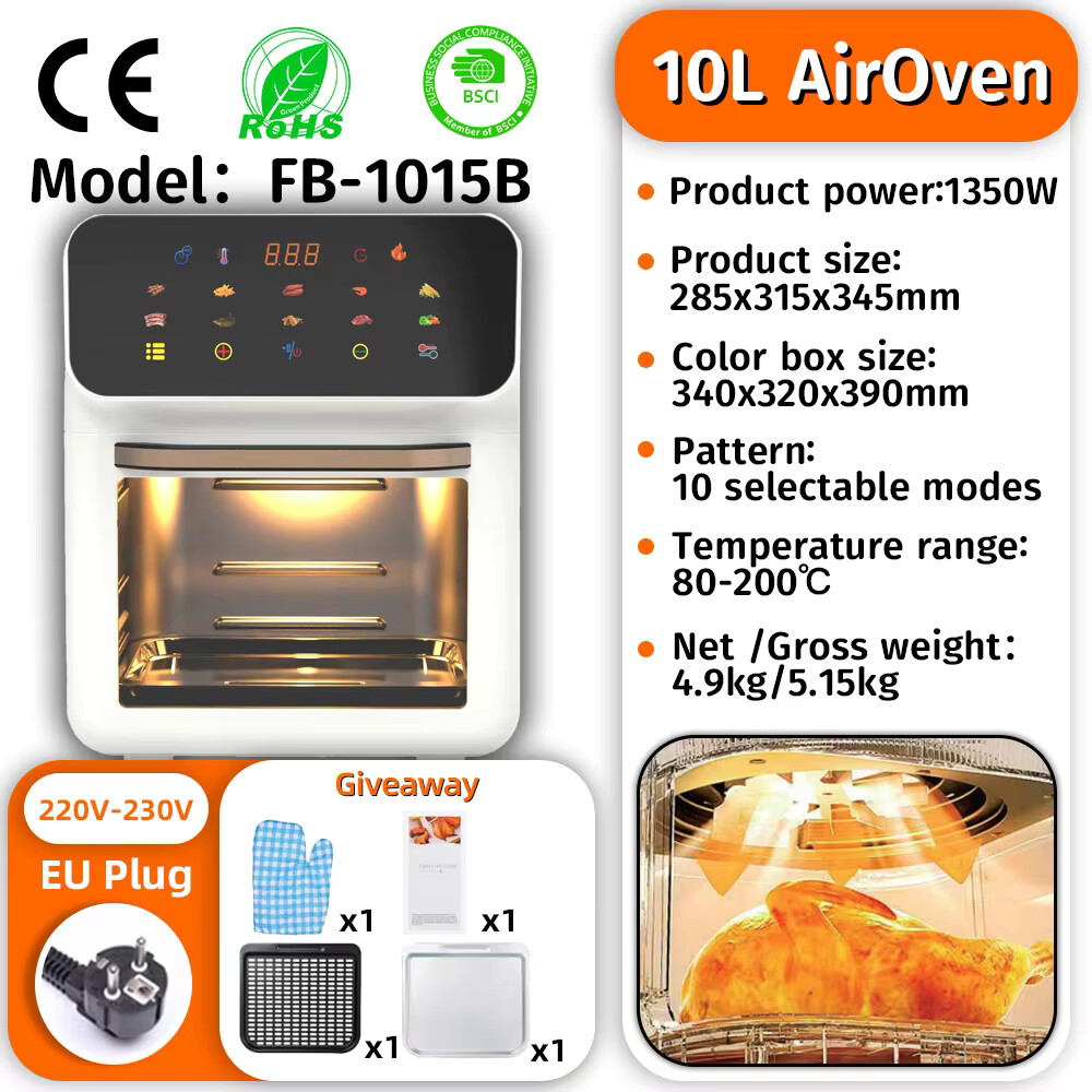 US In-stock Digital Touchscreen Smart Electric Square Air Fryer Oven Large Capacity 10L Stainless Steel Electric Fryer for Home
