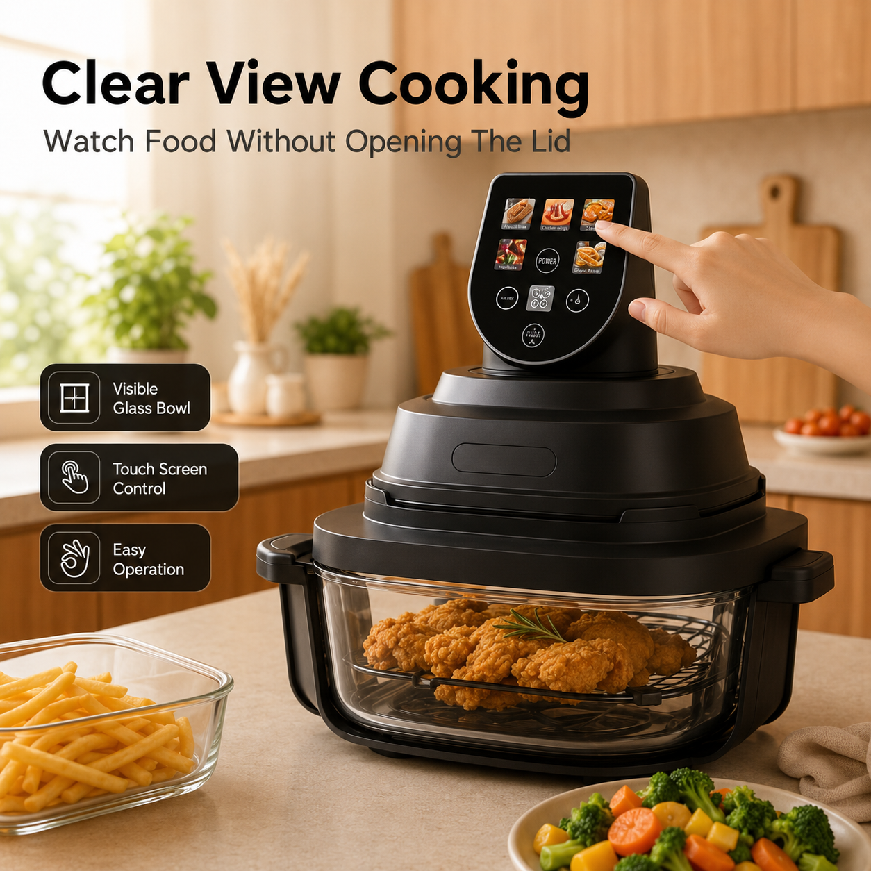 New Touch Screen Digital Crispy Air Fryer Electric Smart Ideal for Oil-Free Cooking with Window Display KA39001