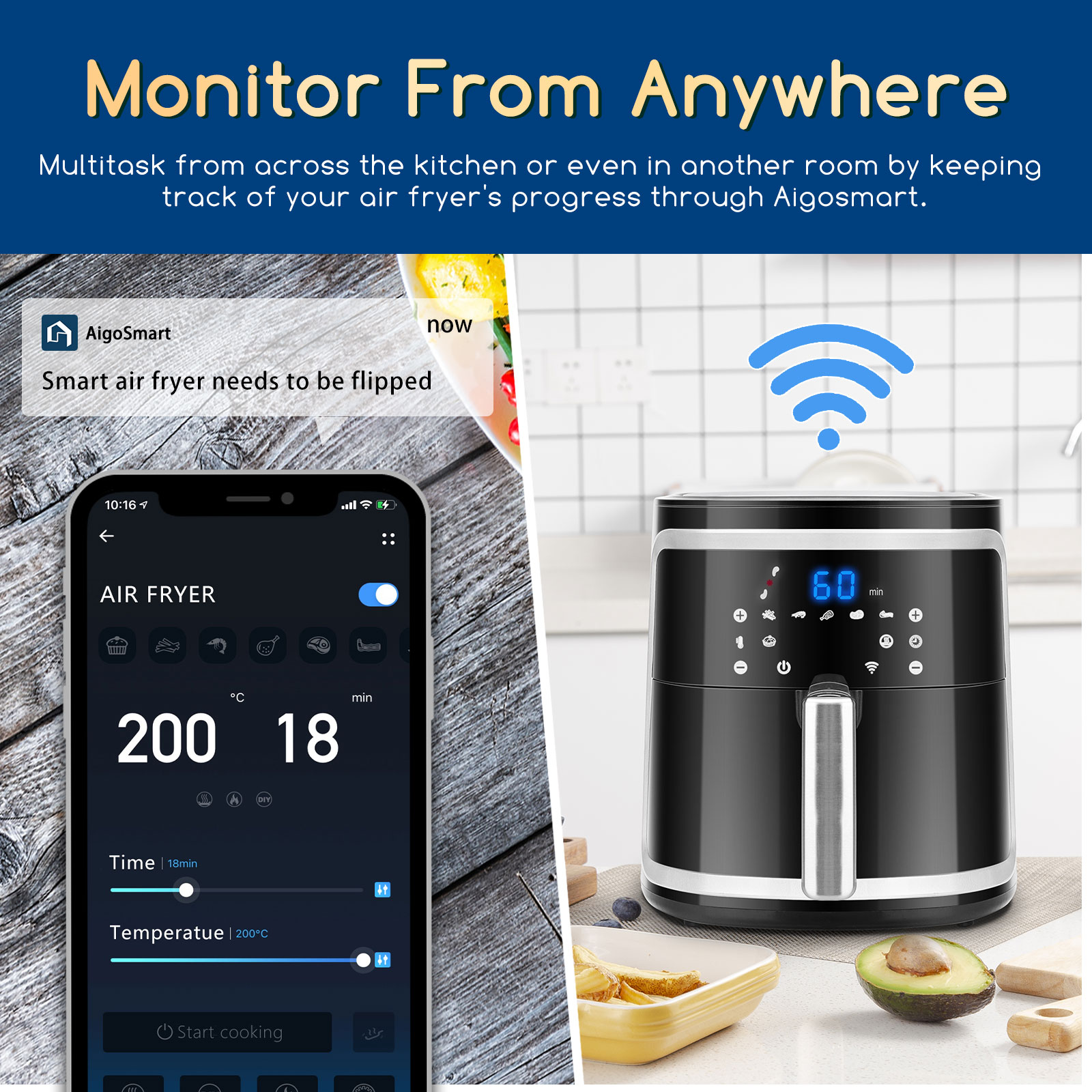 Aigostar 7L Stainless Steel Digital Smart WiFi App-Controlled Air Fryer Dual Basket Touch LED 7 Presets Nonstick Household