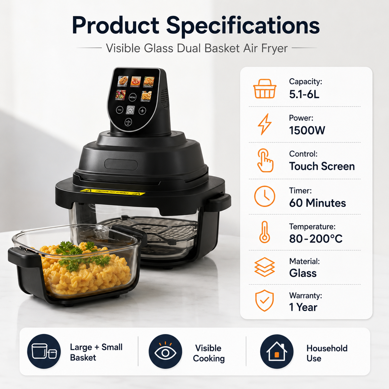 New Touch Screen Digital Crispy Air Fryer Electric Smart Ideal for Oil-Free Cooking with Window Display KA39001