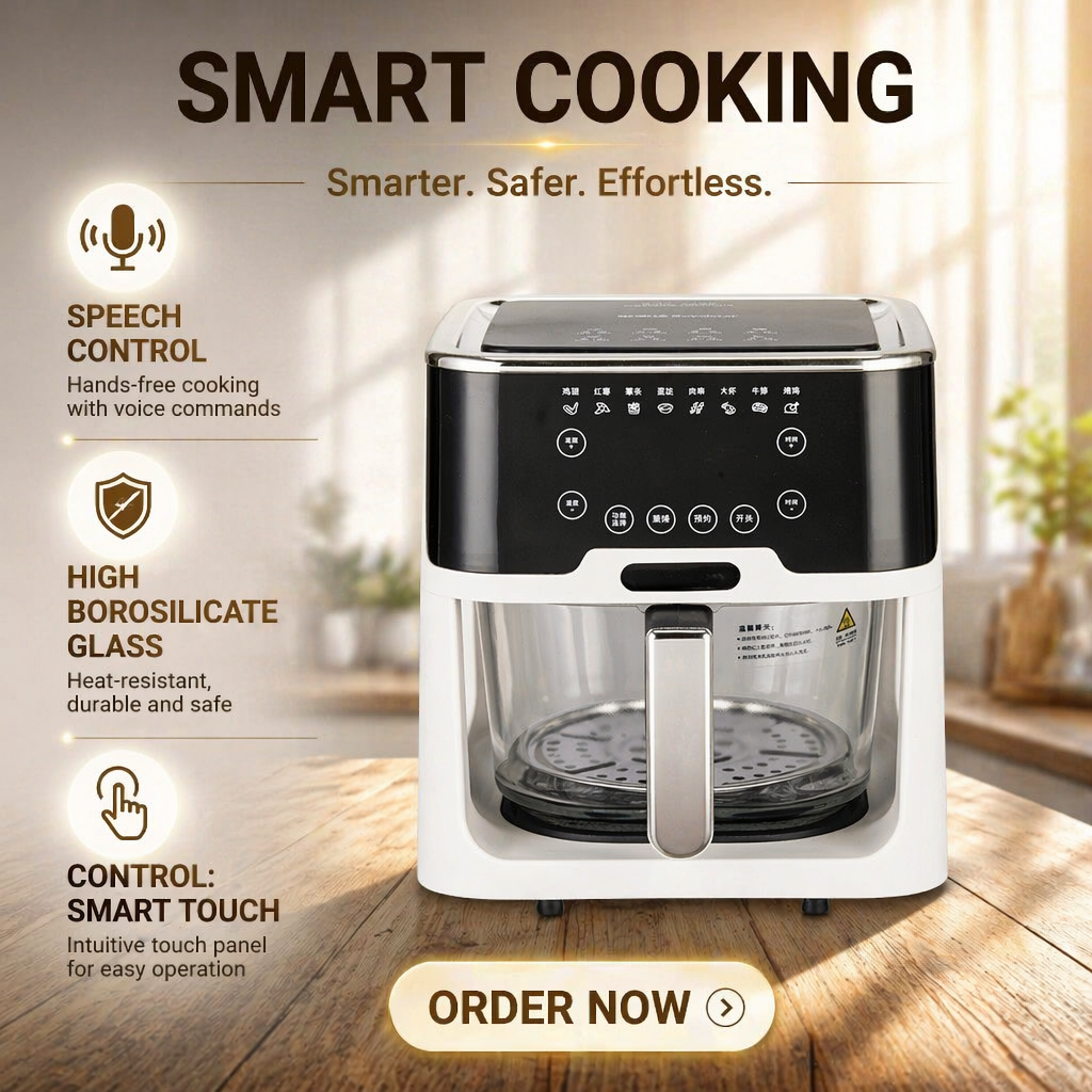 Air Fryer Square Glass 360 Panoramic Visibility 5L-6L Capacity Voice Touch Screen Multi-Functional Modern Household Electric