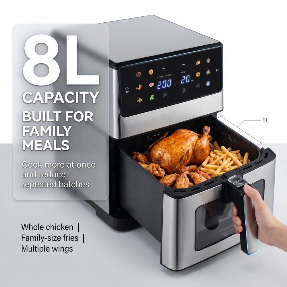 8L Oil-Free Air Fryer Cooker Electric Digital Touch Screen Control Visible Window 12 Menus CE CB GS Household Plastic 1800W A+++