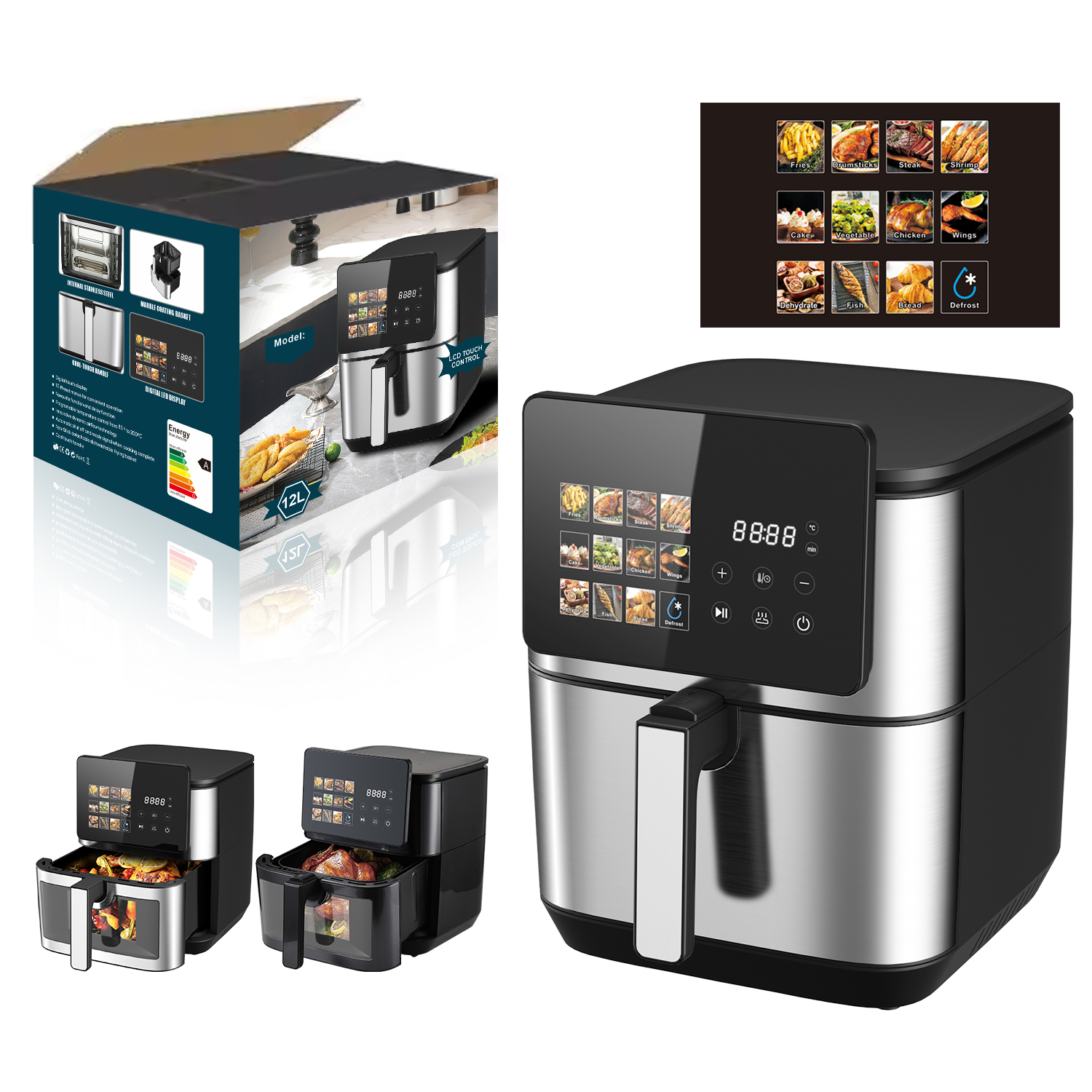 New 5L 6L 7L 8L 12L Oil Free Fryer Electric Deep Digital Rapid Air Fryer Stainless Steel, Smart air Fryer