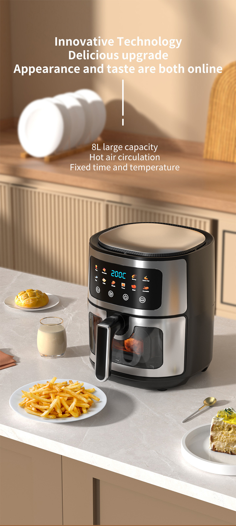 8L Stainless Steel Air Fryer Front View