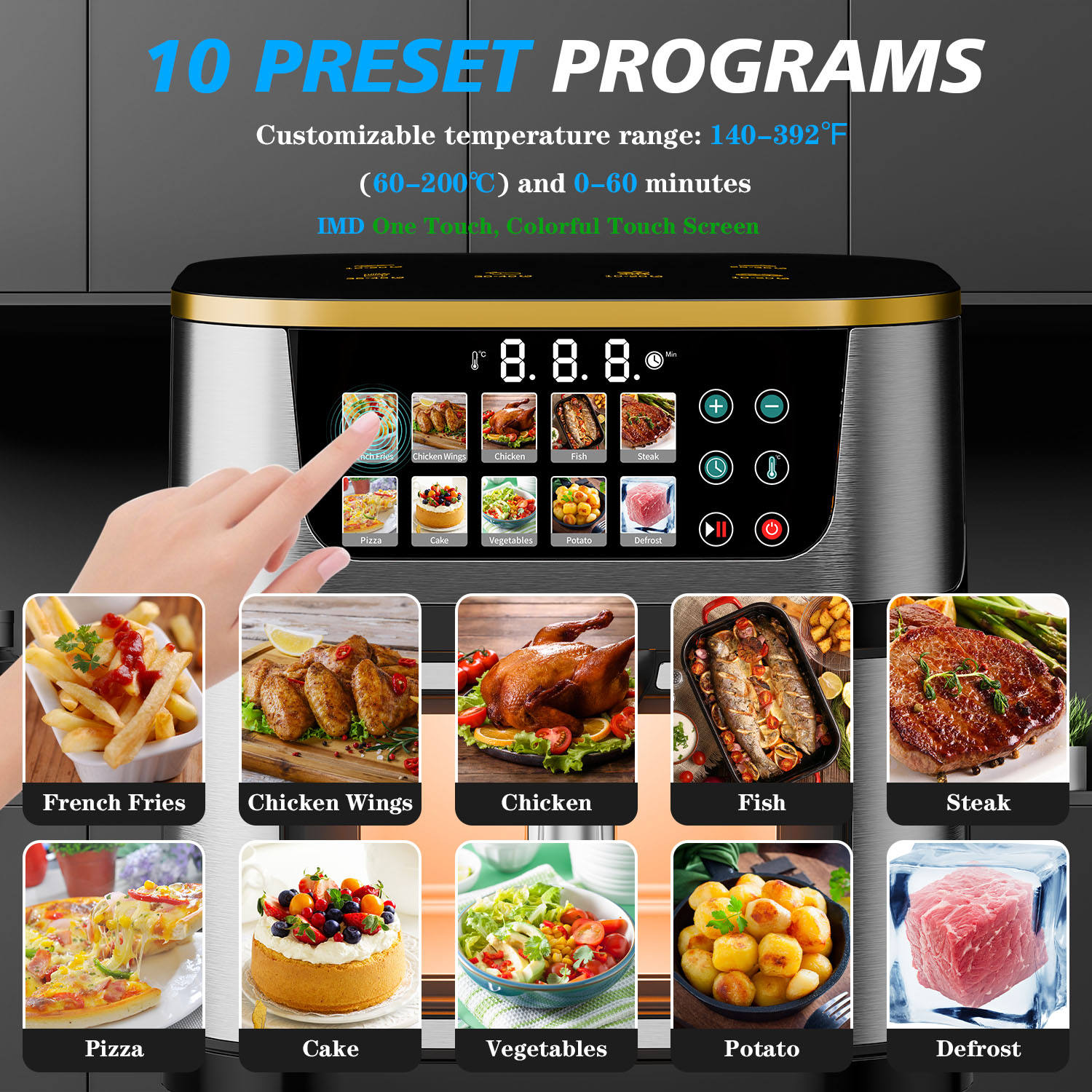 Customizable 8l Hot Air Fryer Without Oil Touchscreen Digital Electric Deep Air Frier Fryer With Visual Window
