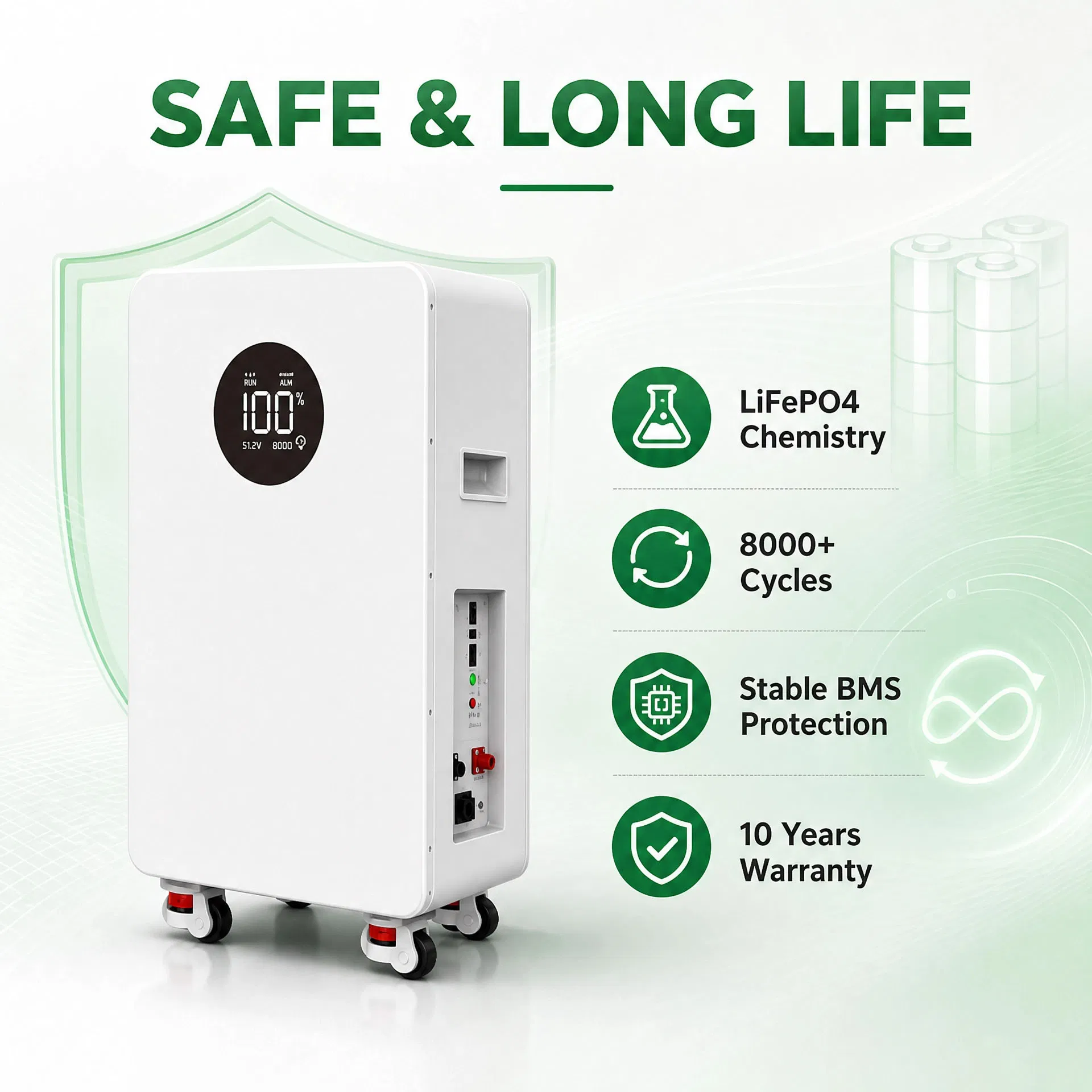 طاقة احتياطية منزلية 25.6V 51.2V نوع القاعدة LiFePO4 بطارية
