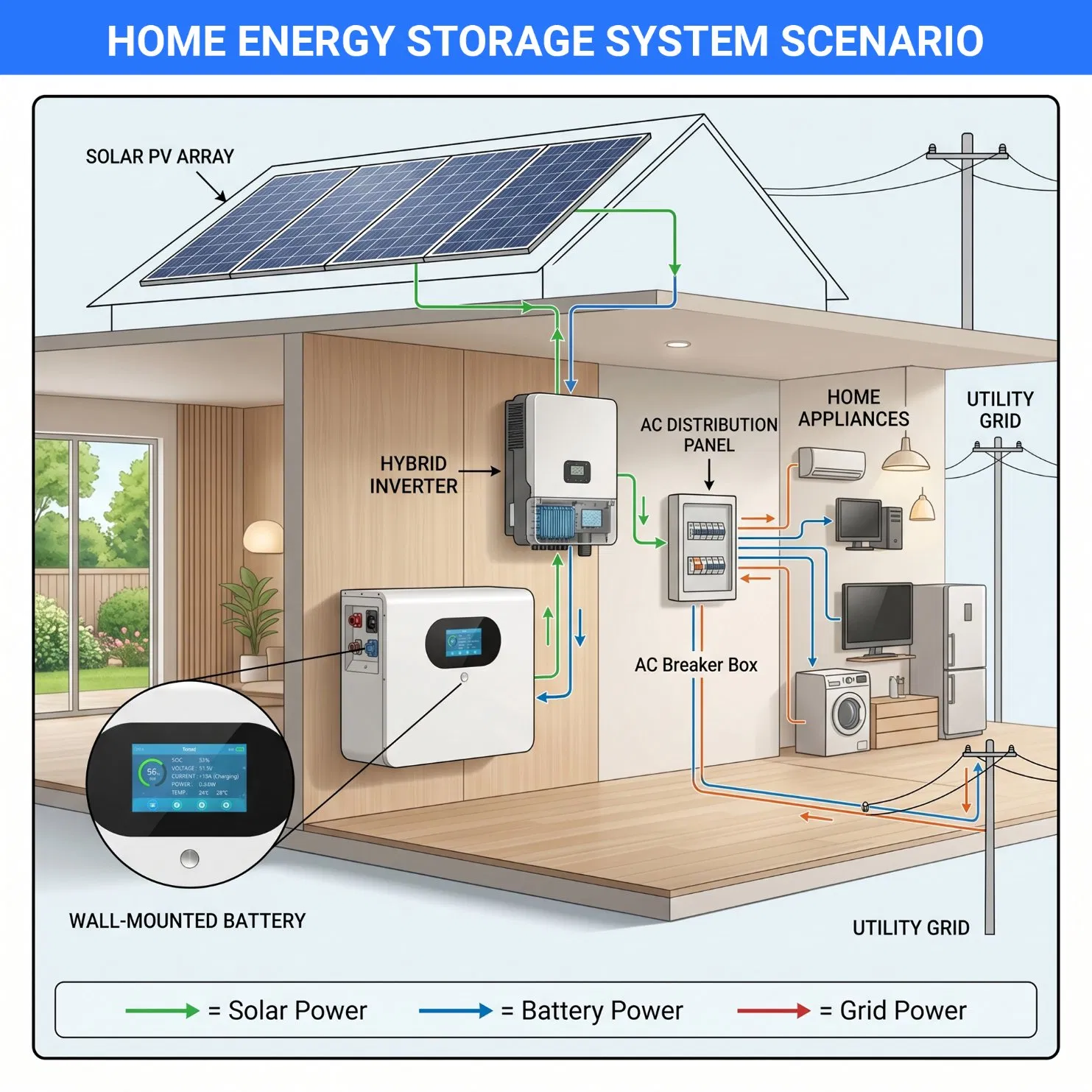 بطارية مثبتة على الحائط 25.6V 200ah 5.12kwh LiFePO4 لتخزين الطاقة الشمسية المنزلية خارج الشبكة مع نظام منفصل وواجهة اتصال