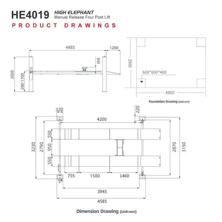 Pneumatic Release Four Post Lift/Car Lift/Hydraulic Car Lifter Price/4 Post Car Lift