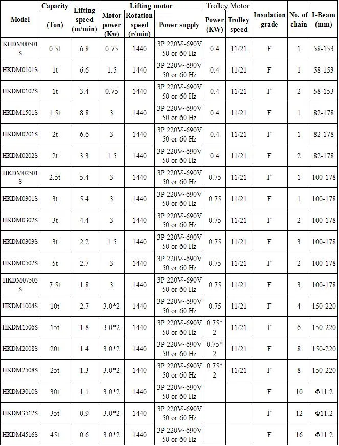 Electric Chain Hoist Parameters