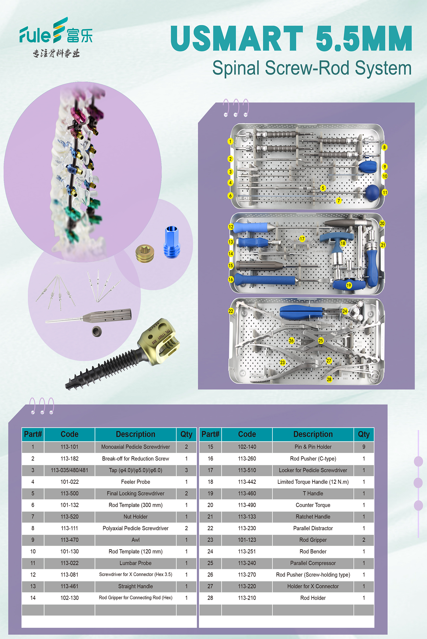 CE Posterior Orthopedic Usmart 5.5 mm Spine-rod  Cortical Polyaxial Screws  From Beijing Fule