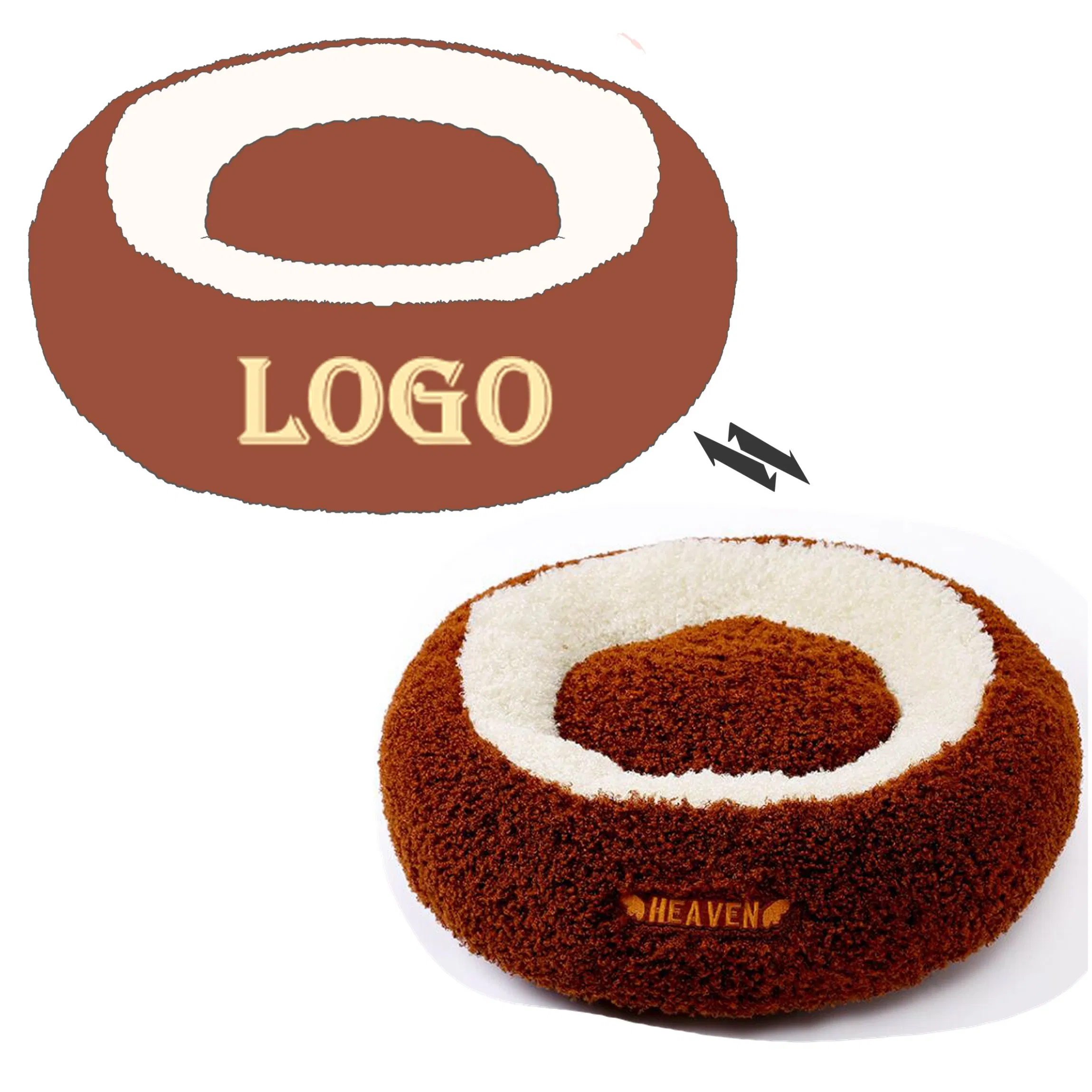 Cama para mascotas blanca de Factory Coffee, suave, con borde elevado, diseño de dona antiansiedad, logo bordado personalizado, juguete de peluche de dibujos animados