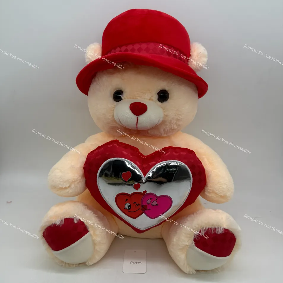 Osito de peluche beige personalizado con almohada en forma de corazón y gafas