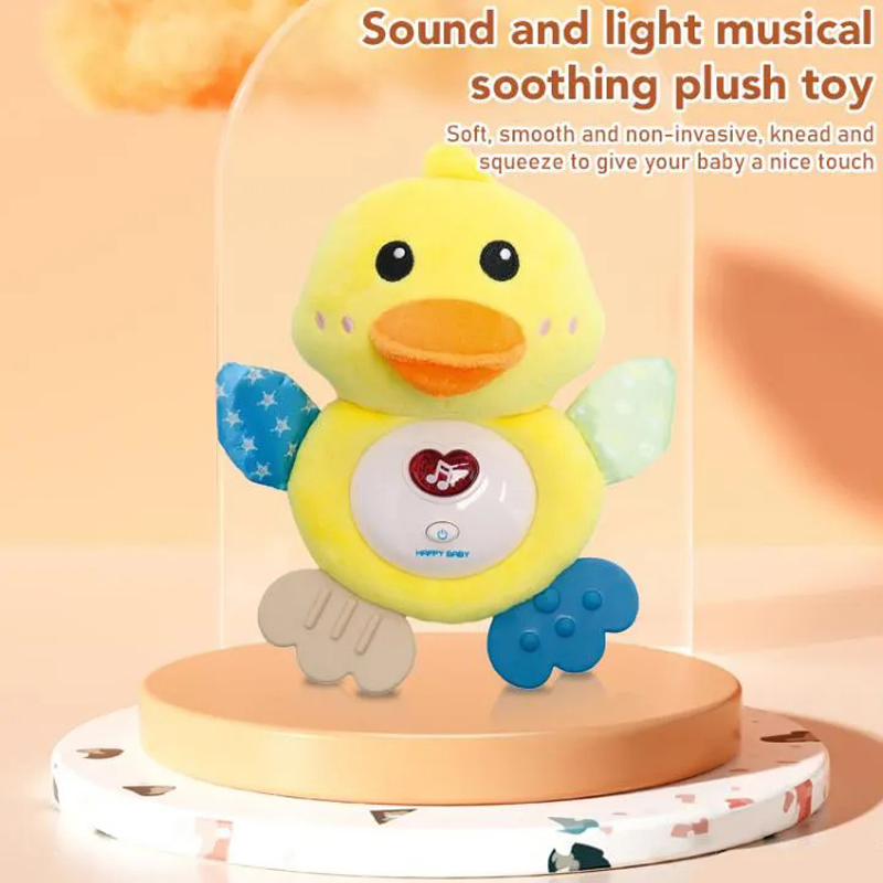 Juguete de peluche suave de pato amarillo musical de cartón para bebés, juguetes para dormir, mordedor lindo para niños, juguete de plástico con música para infantes