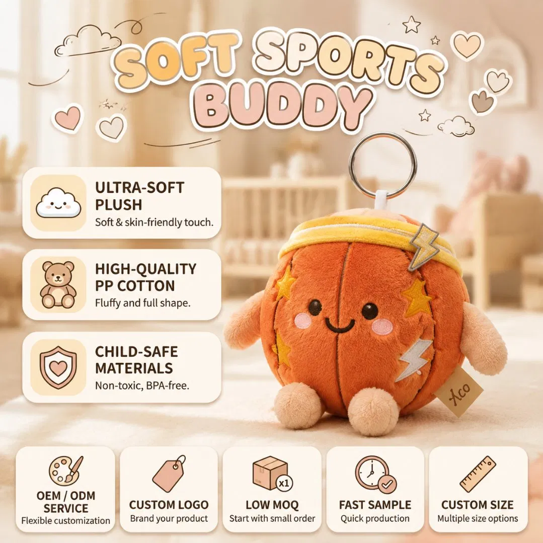 CE CPC OEM Juguete de baloncesto de felpa personalizado, lindo personaje de dibujos animados, llavero de peluche mini, encanto de bolsa rellena para regalo de vacaciones, bajo MOQ
