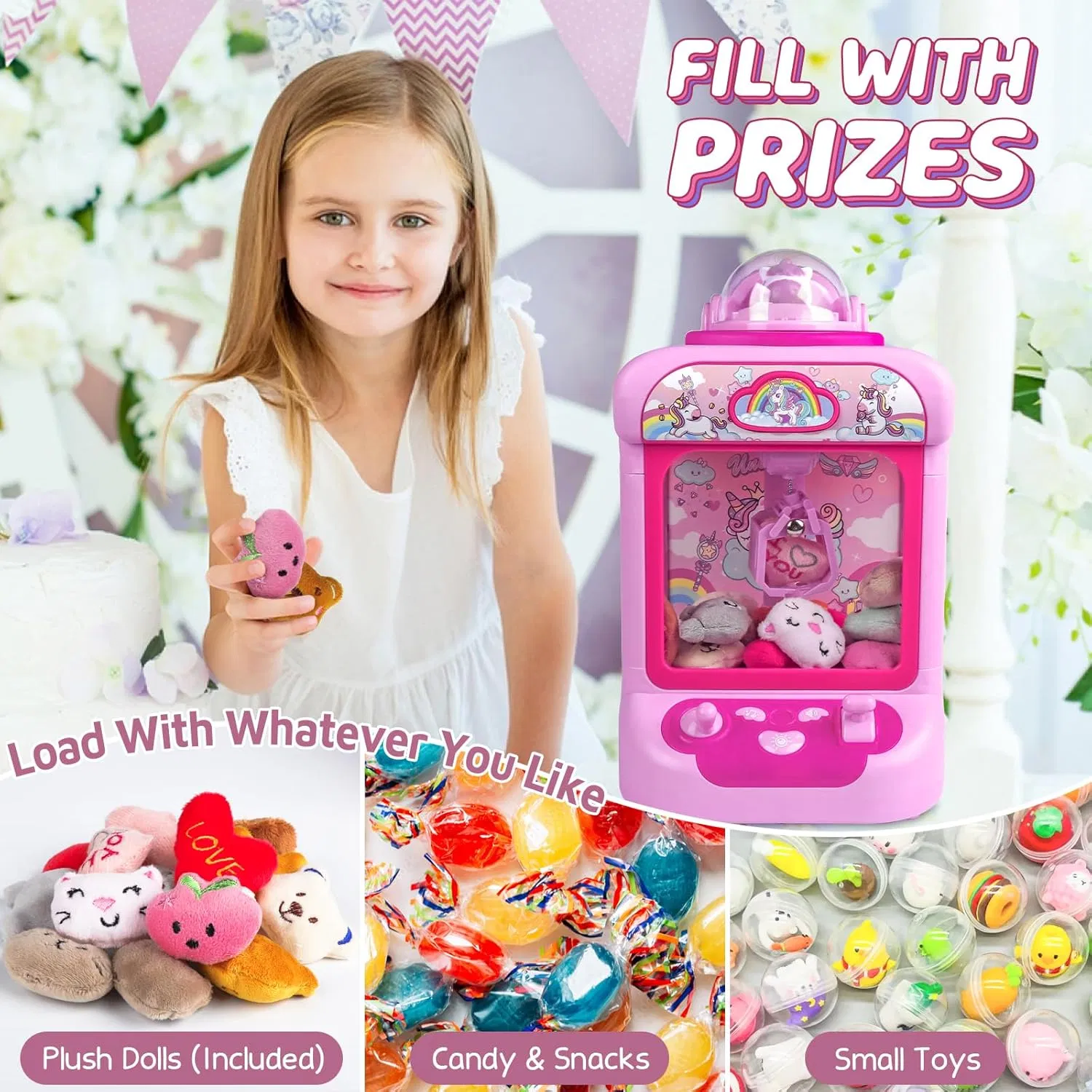 Caja de regalo de mini máquina de garras de unicornio rosa, máquina de juego de agarre de muñecos de peluche pequeños para el hogar con carga USB, set de juguetes educativos interactivos para niños