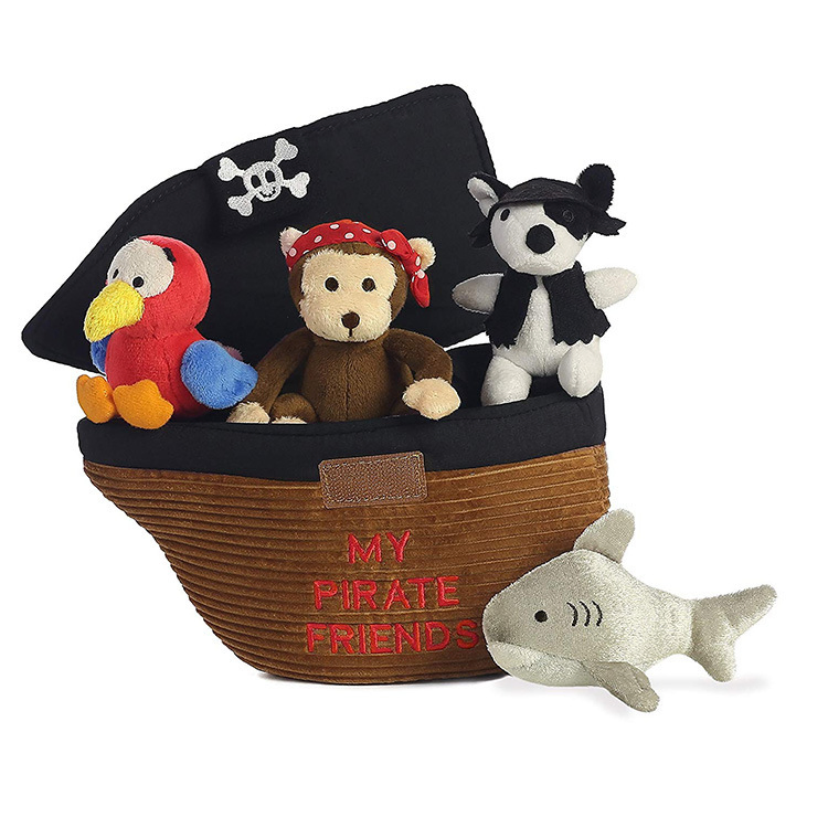 Juguete educativo personalizado de peluche en forma de barco pirata con bolso y loro, mono/perro/tiburón
