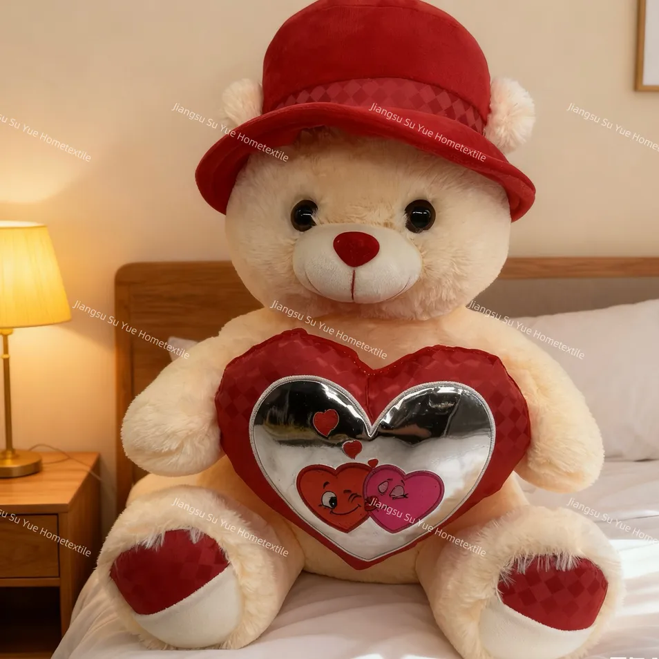 Osito de peluche beige personalizado con almohada en forma de corazón y gafas