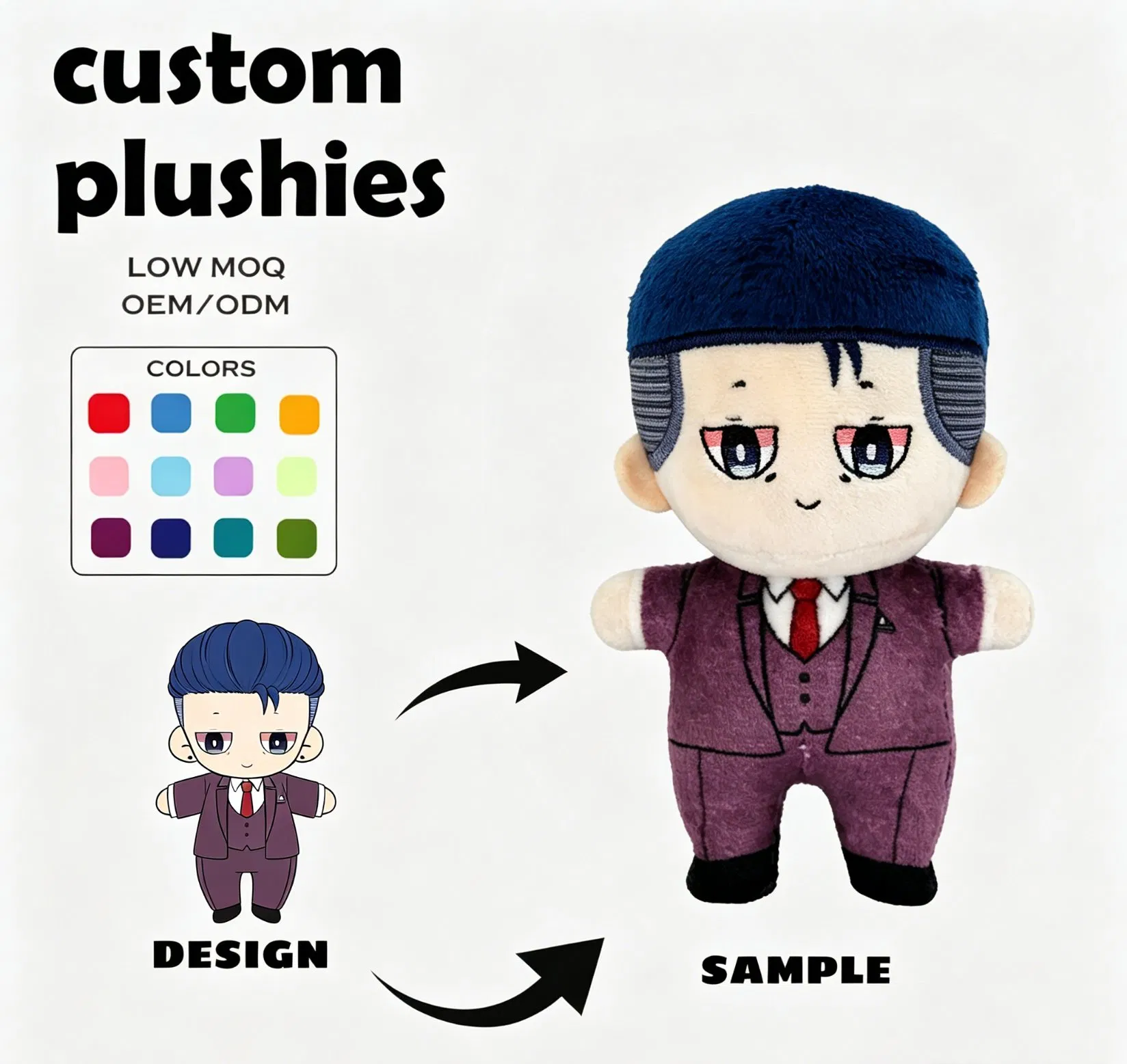 Fábrica de personalización al por mayor, juguete de peluche coleccionable de ídolo bordado detallado, pedido pequeño, souvenir de exposición de cómics