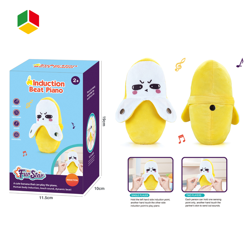 Juguetes musicales interactivos para bebés QS OEM, muñeco de plátano de felpa que suena con música eléctrica divertida, juguetes de piano con inducción de toque