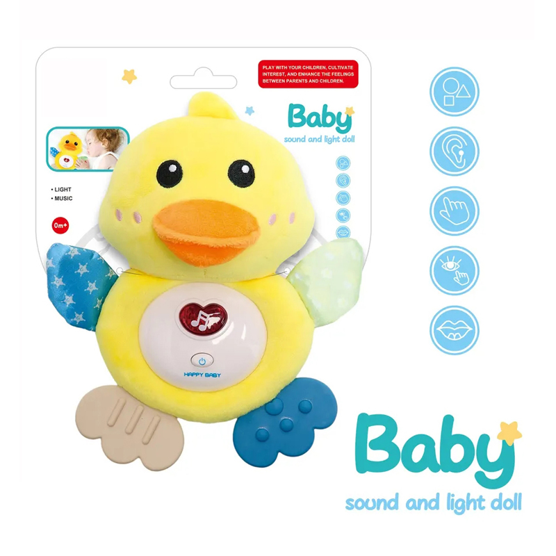 Juguete de peluche suave de pato amarillo musical de cartón para bebés, juguetes para dormir, mordedor lindo para niños, juguete de plástico con música para infantes