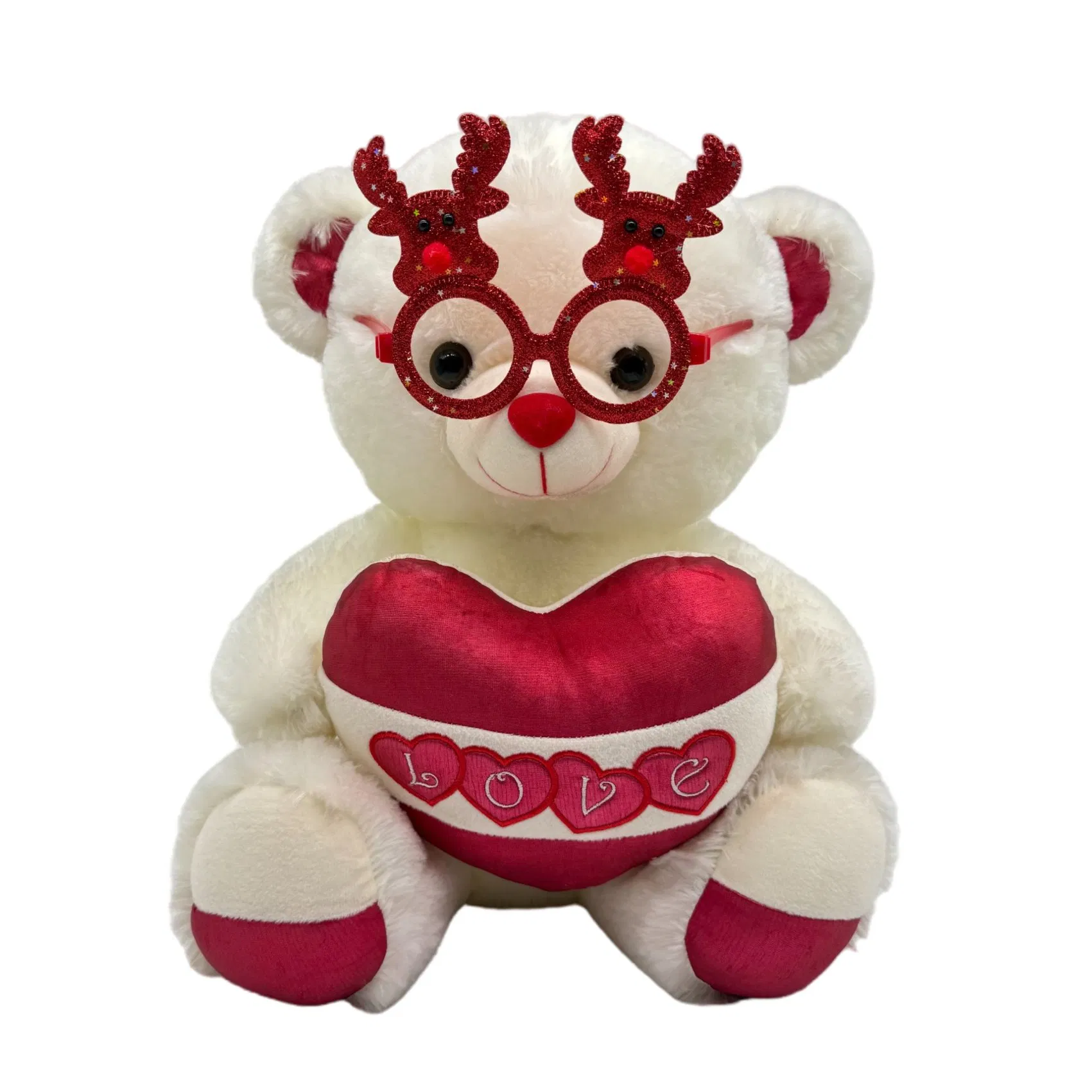Osito de peluche beige personalizado con almohada en forma de corazón y gafas