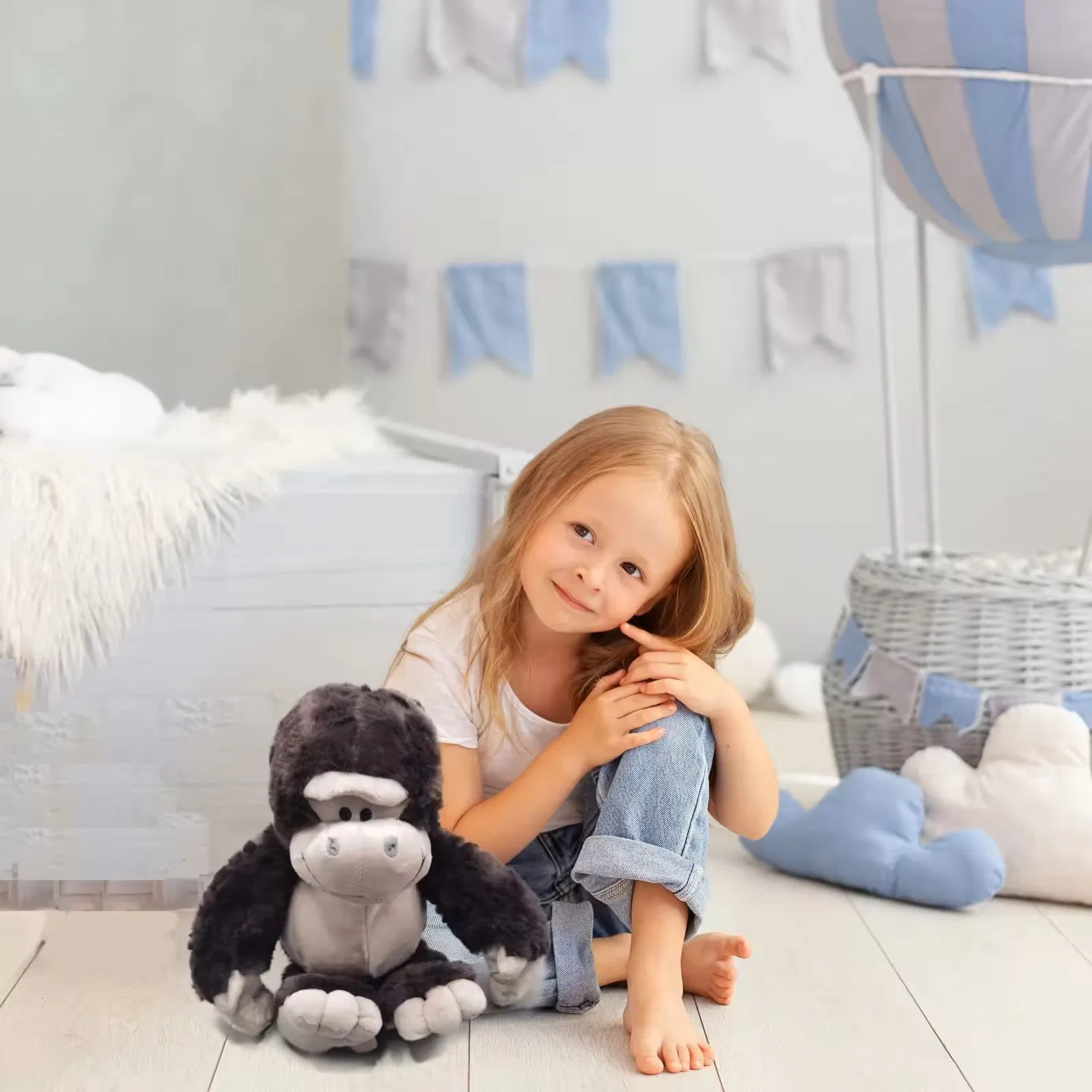 Dulce gorila de peluche, animal de peluche kawaii, muñeco de abrazo suave con temática de bosque