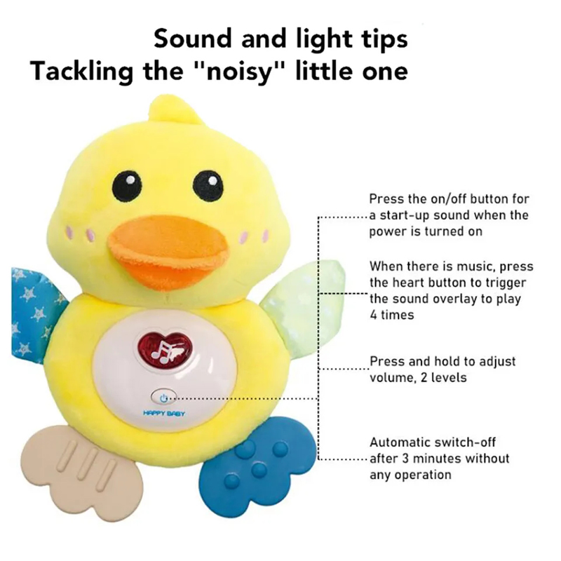Juguete de peluche suave de pato amarillo musical de cartón para bebés, juguetes para dormir, mordedor lindo para niños, juguete de plástico con música para infantes