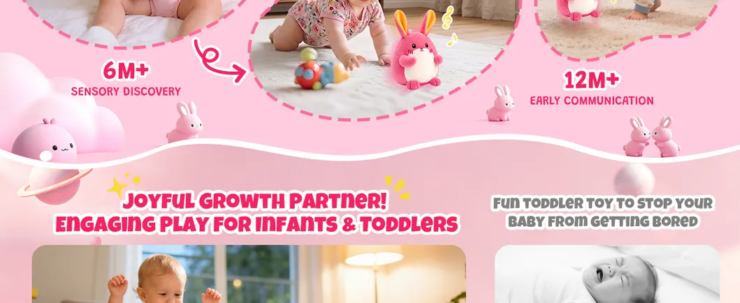 Juguete Musical de Conejo Rosa que Gatea, Regalo Adorable para Bebés 1-3 48 Canciones y Grabación, Juguete de Peluche Musical Interactivo, Juguete Recargable para Bebés, Juguete Sensorial para B