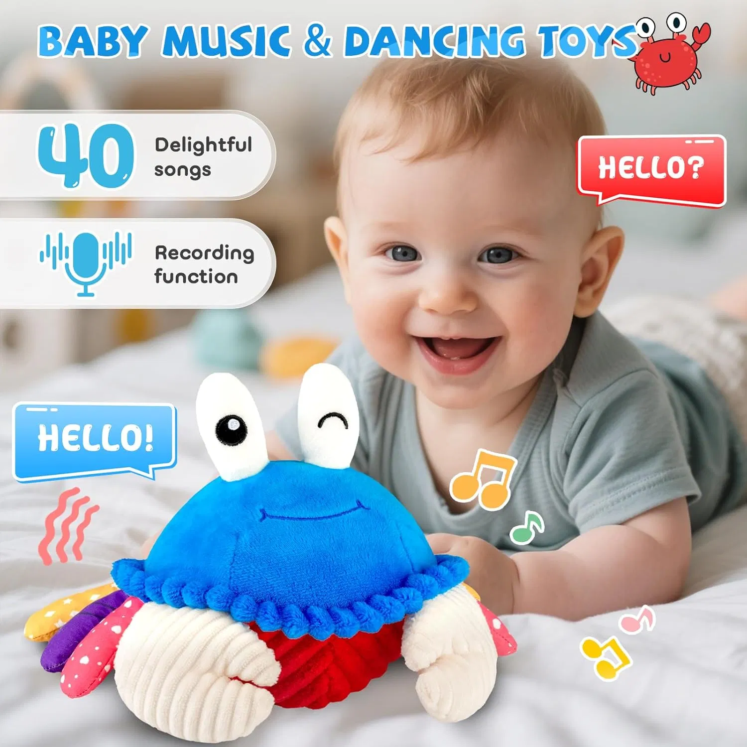 Juguetes para Bebés 6-12 Meses, Juguete de Cangrejo de Peluche Musical que Rueda - 40 Canciones y Función de Grabación, Juguete que Baila, Camina, Se Mueve y Rebota, Juguetes Sensoriales para Niños Pequeños