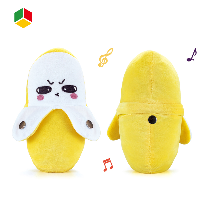 Juguetes musicales interactivos para bebés QS OEM, muñeco de plátano de felpa que suena con música eléctrica divertida, juguetes de piano con inducción de toque