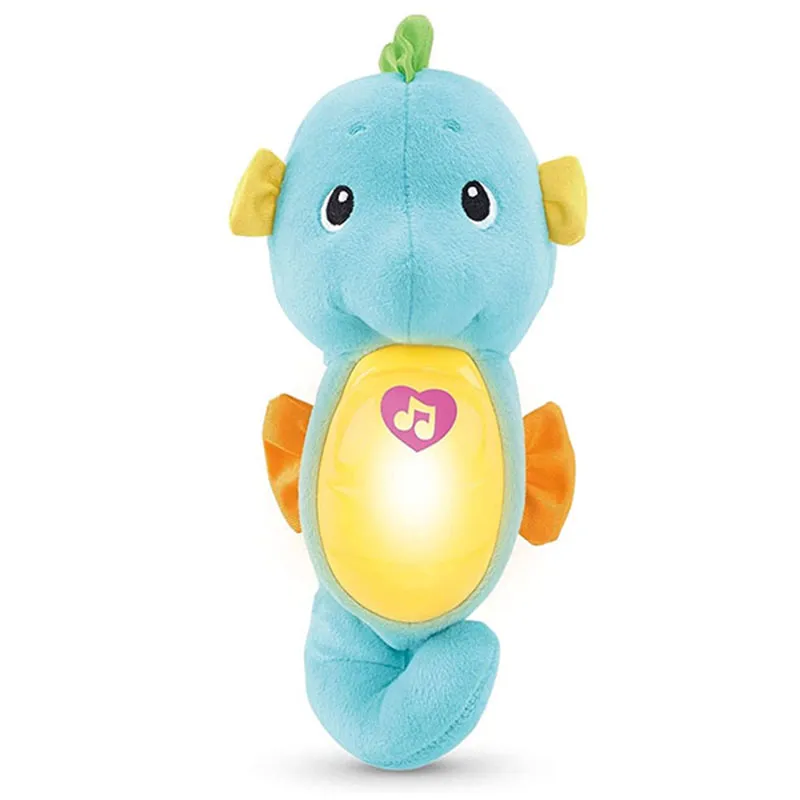 Juguete de peluche musical de caballito de mar azul claro personalizado para bebés en la guardería