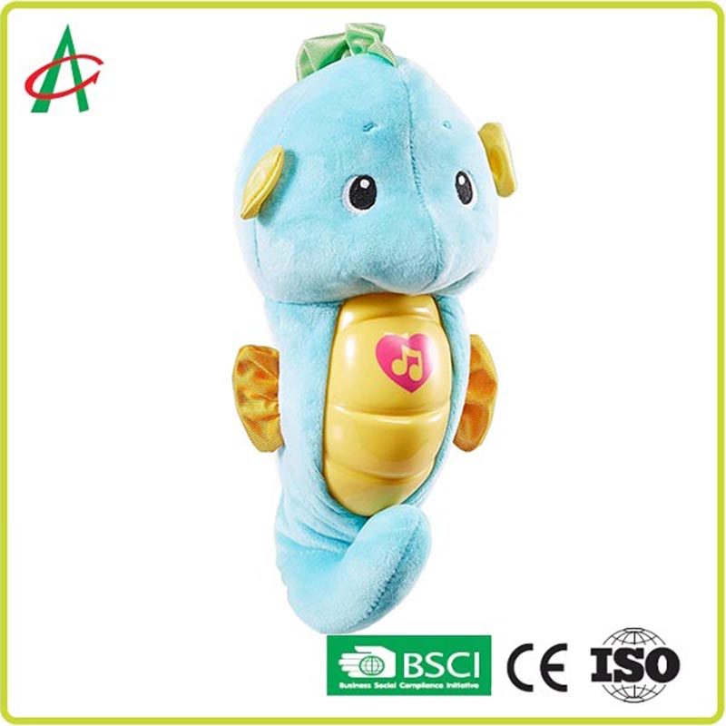 Juguete de peluche musical de caballito de mar azul claro personalizado para bebés en la guardería