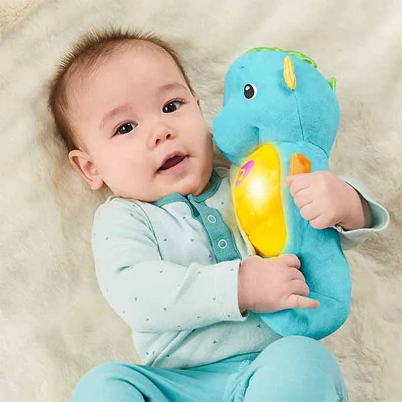 Juguete de peluche musical de caballito de mar azul claro personalizado para bebés en la guardería