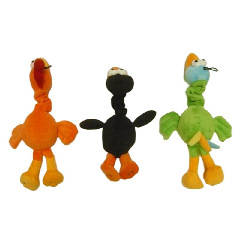 Juguete de perro personalizado al por mayor, mini peluche de animal, pájaro de peluche suave, juguetes para mascotas con sonido, pájaros en naranja, negro y verde con squeaker