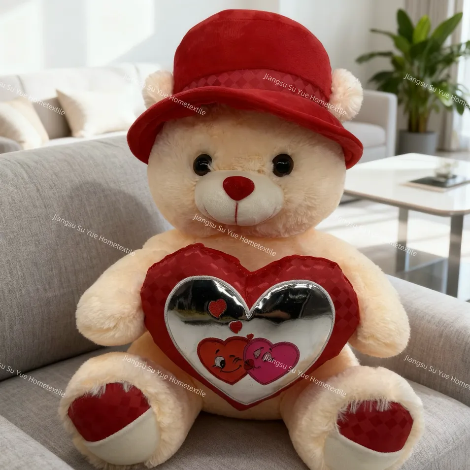 Osito de peluche beige personalizado con almohada en forma de corazón y gafas