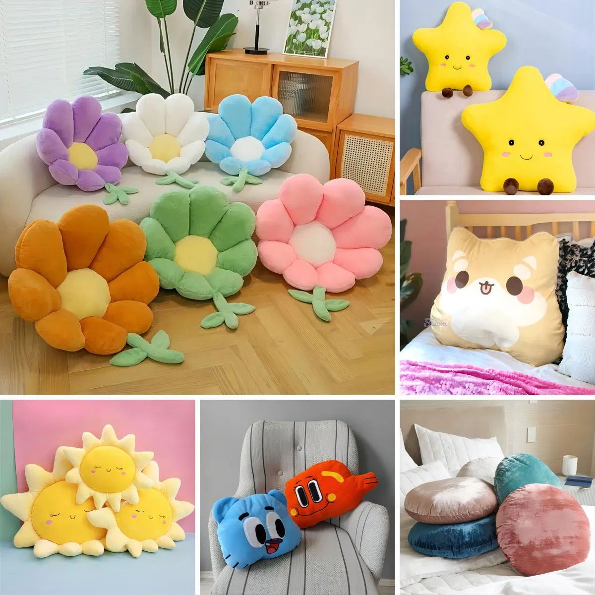 Fabricante OEM de precio mayorista sofá personalizado para sala de estar lindo redondo cuadrado para gatos y perros, cuello de dibujos animados encantador, súper suave, cojín de peluche personalizado de fábrica