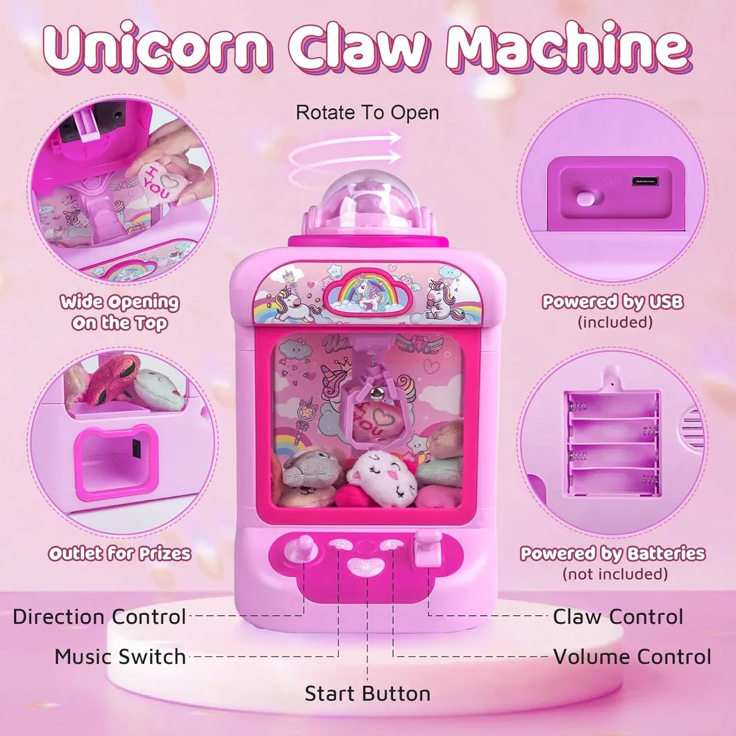Caja de regalo de mini máquina de garras de unicornio rosa, máquina de juego de agarre de muñecos de peluche pequeños para el hogar con carga USB, set de juguetes educativos interactivos para niños