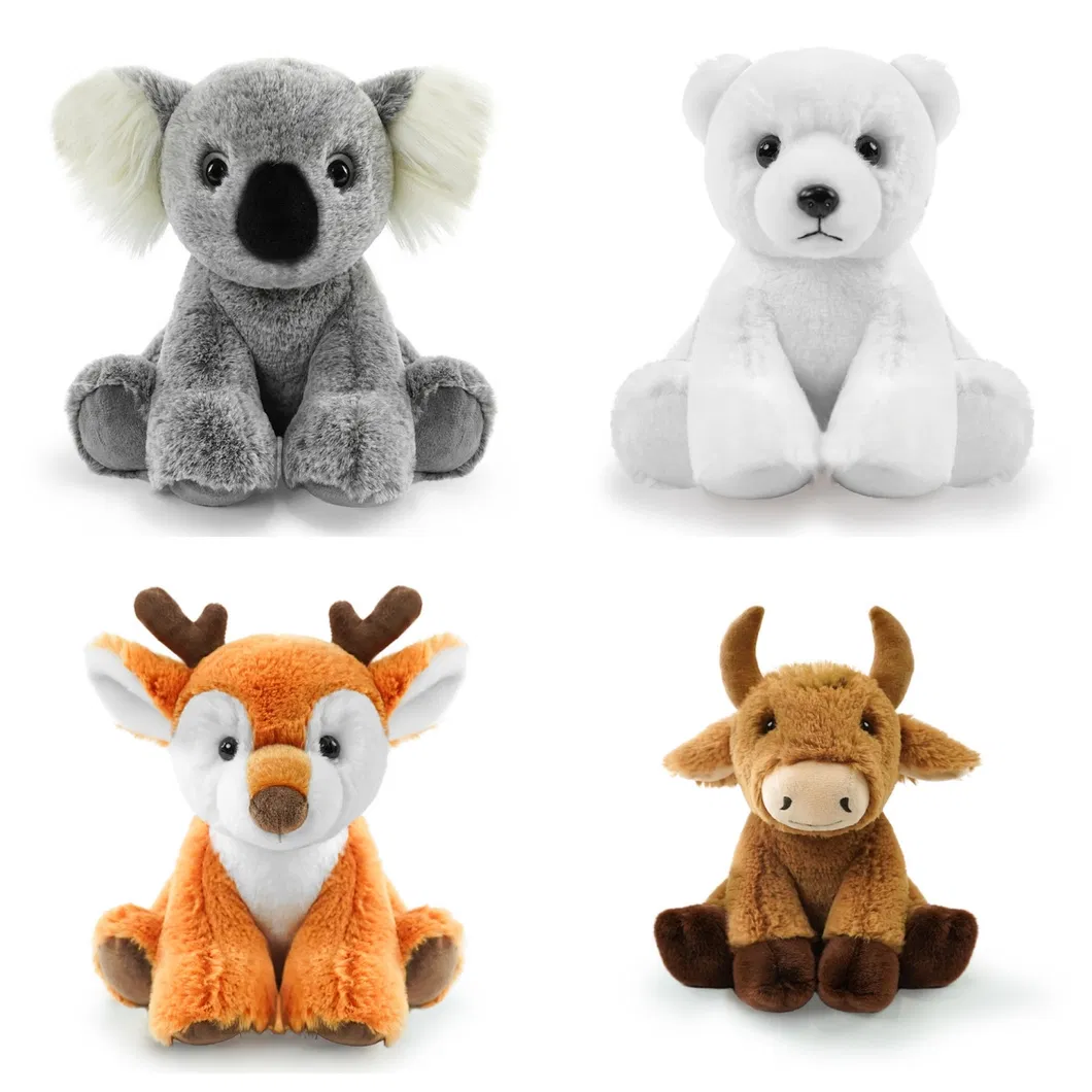 Venta al por mayor de peluches personalizados de animales peludos como vaca, oveja, cabra y ciervo para niños