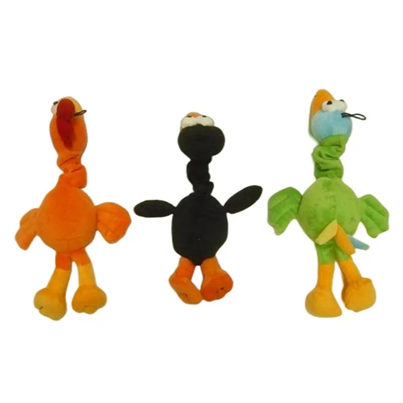 Juguete de perro personalizado al por mayor, mini peluche de animal, pájaro de peluche suave, juguetes para mascotas con sonido, pájaros en naranja, negro y verde con squeaker