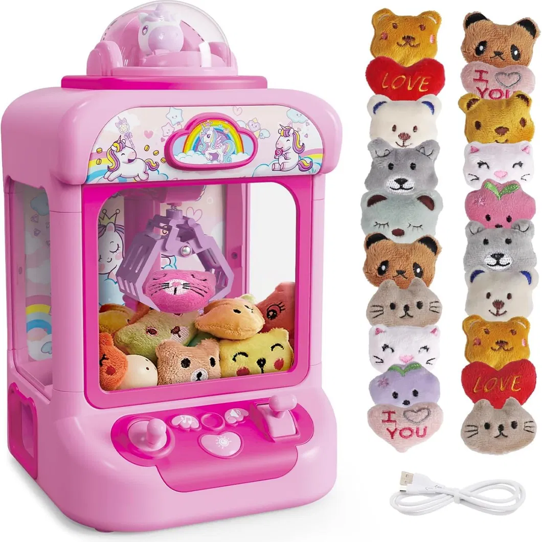 Caja de regalo de mini máquina de garras de unicornio rosa, máquina de juego de agarre de muñecos de peluche pequeños para el hogar con carga USB, set de juguetes educativos interactivos para niños
