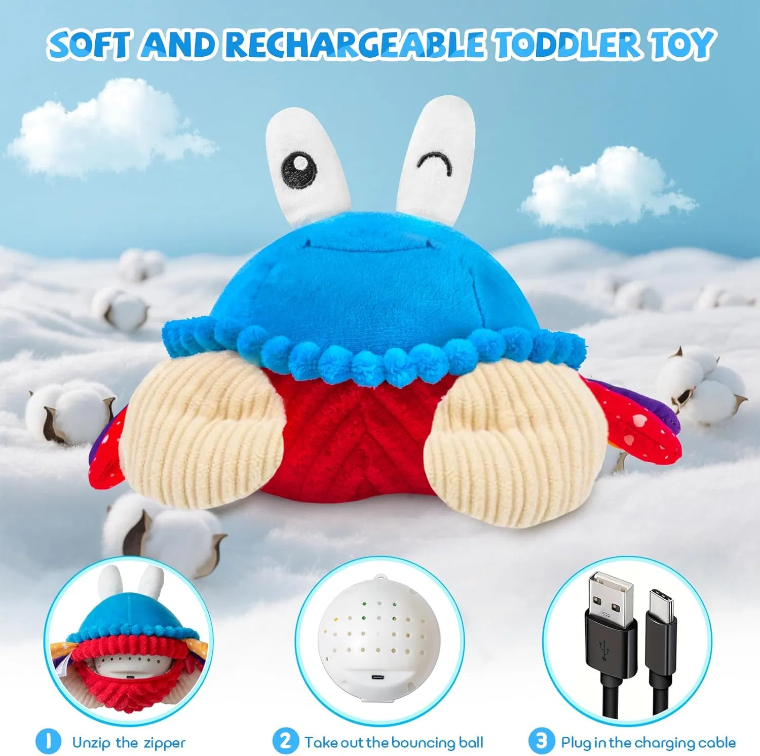 Juguetes para Bebés 6-12 Meses, Juguete de Cangrejo de Peluche Musical que Rueda - 40 Canciones y Función de Grabación, Juguete que Baila, Camina, Se Mueve y Rebota, Juguetes Sensoriales para Niños Pequeños