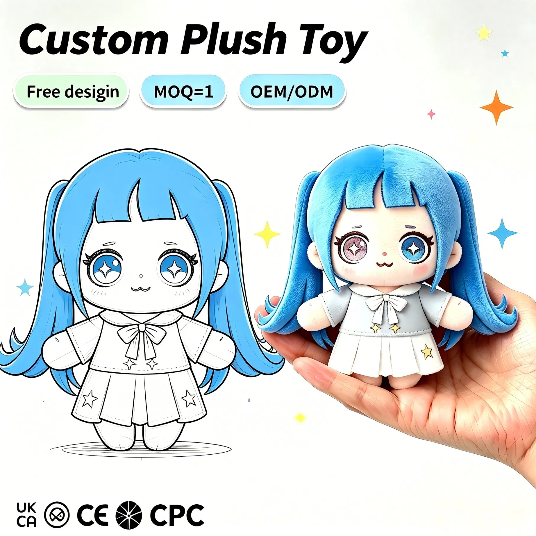 Muñeca de peluche de chica con dos coletas azules personalizadas, suave, uniforme de jk, juguete de personaje de dibujos animados para niños, regalos al por mayor