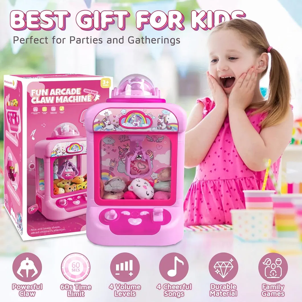 Caja de regalo de mini máquina de garras de unicornio rosa, máquina de juego de agarre de muñecos de peluche pequeños para el hogar con carga USB, set de juguetes educativos interactivos para niños