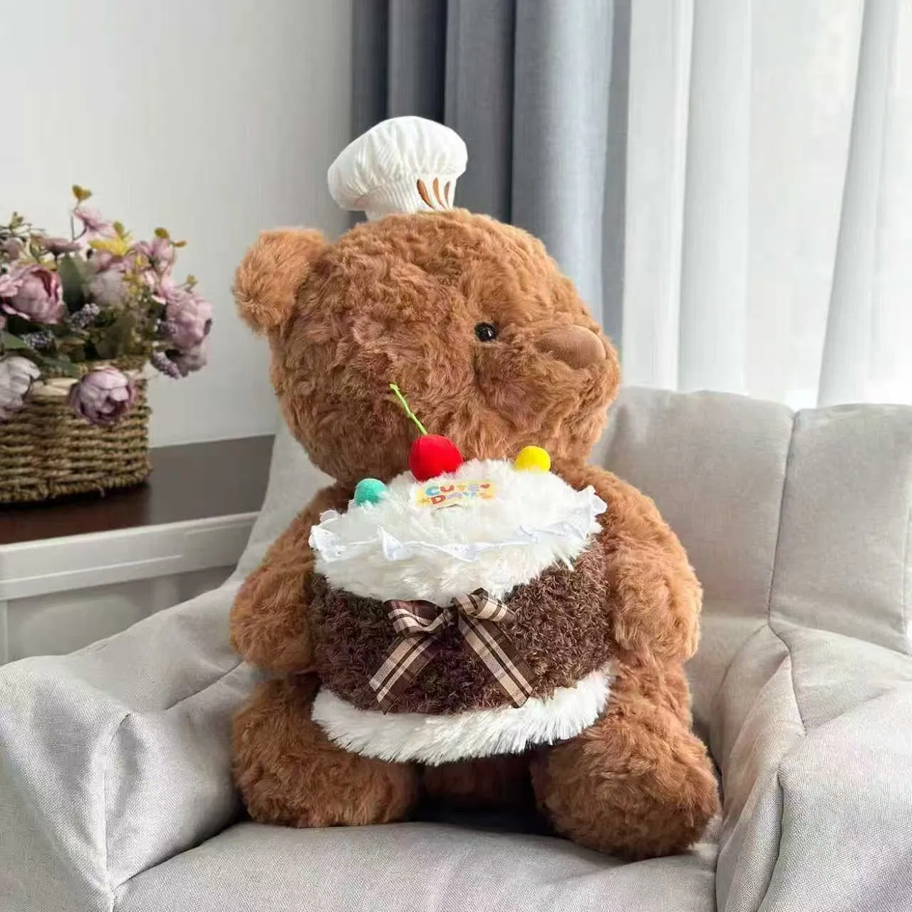 Nuevo diseño de oso de peluche marrón con pastel, regalo promocional personalizado, imagen de marca, juguete de peluche