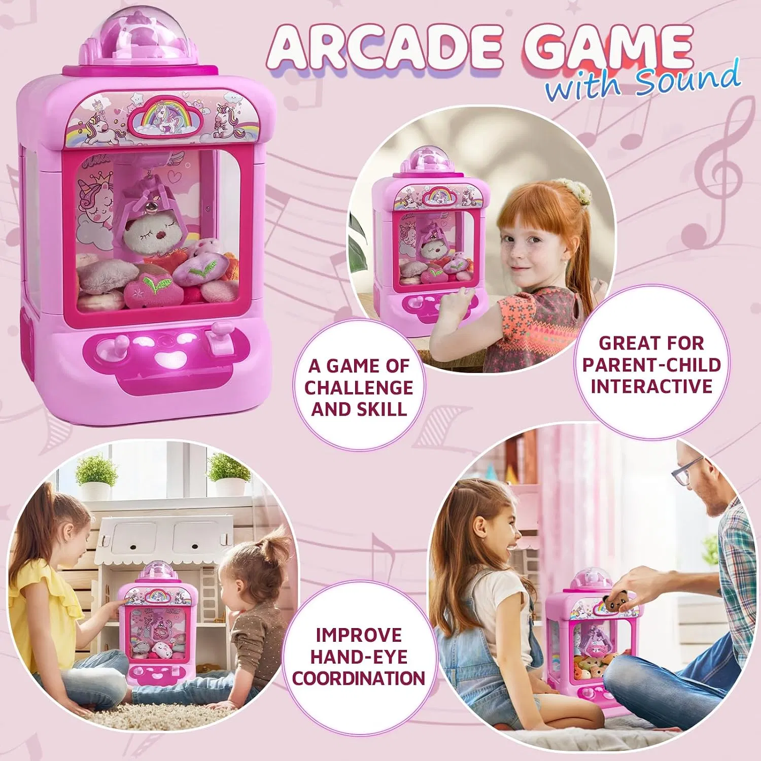 Caja de regalo de mini máquina de garras de unicornio rosa, máquina de juego de agarre de muñecos de peluche pequeños para el hogar con carga USB, set de juguetes educativos interactivos para niños
