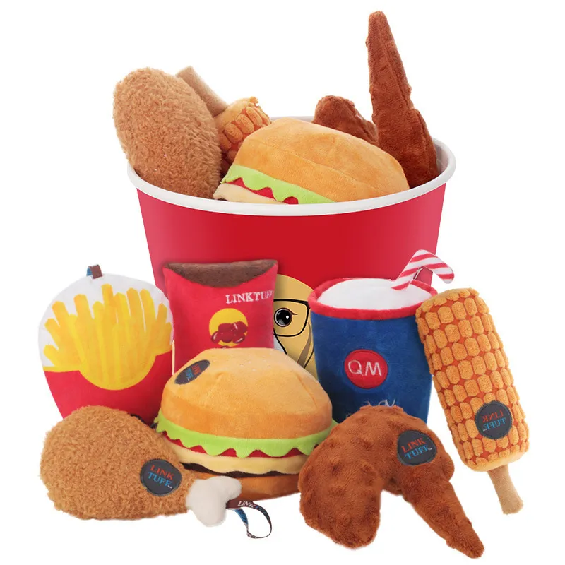 Juguete interactivo de peluche creativo para mascotas, hamburguesa de pollo frito, cubo familiar, juguete masticable y chirriante para perros