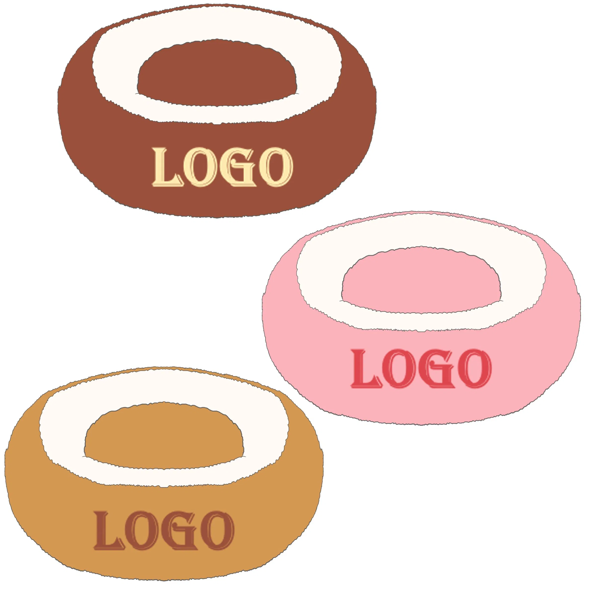 Cama para mascotas blanca de Factory Coffee, suave, con borde elevado, diseño de dona antiansiedad, logo bordado personalizado, juguete de peluche de dibujos animados