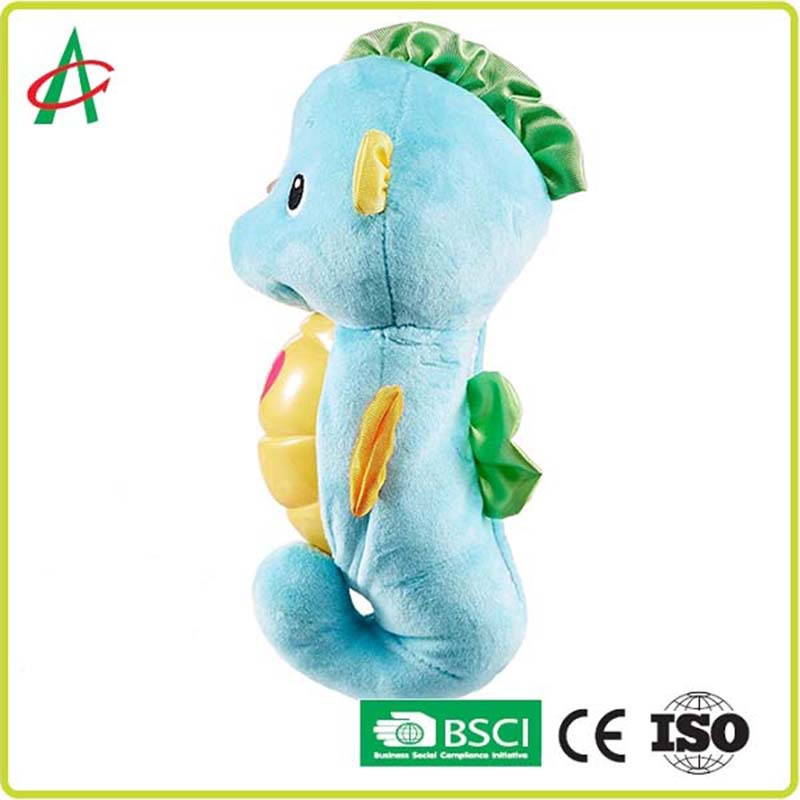 Juguete de peluche musical de caballito de mar azul claro personalizado para bebés en la guardería