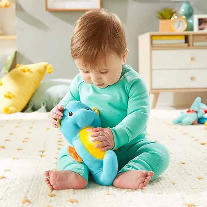 Juguete de peluche musical de caballito de mar azul claro personalizado para bebés en la guardería