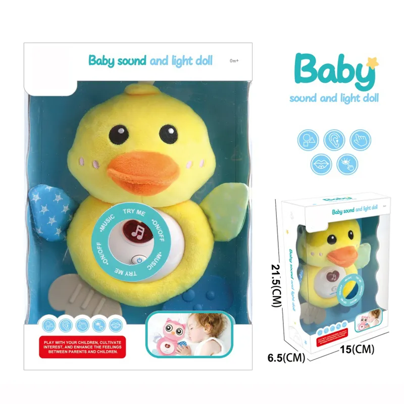 Juguete de peluche suave de pato amarillo musical de cartón para bebés